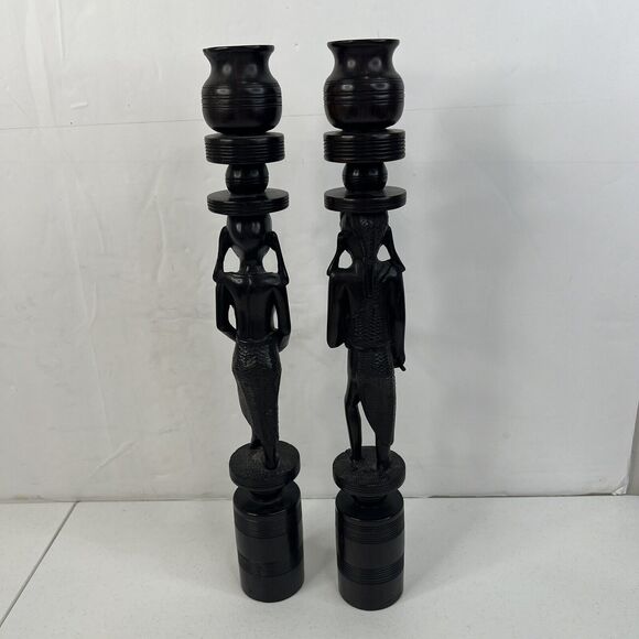 Pair of Vintage African Hand Carved Iron Wood Figural Sculptures Candle Sticks - Picture 10 of 15